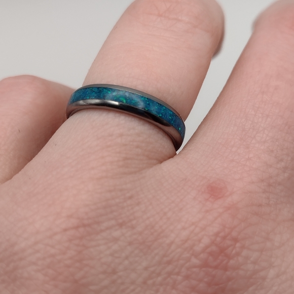 NIB Artisan Made Blue Opal and Tungsten Stackable Ring Wedding Engagement Band - Picture 8 of 8